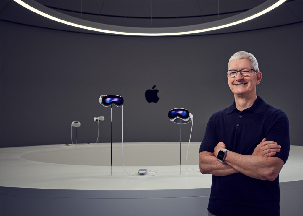 Tim cook with WWDC launch products.